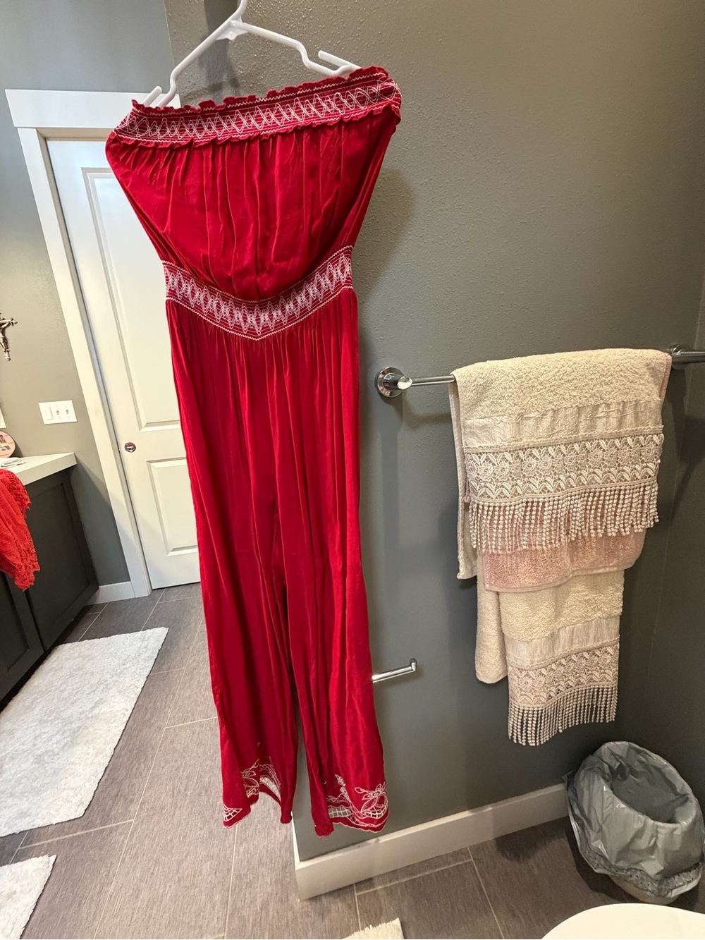 Pinky Strapless Red Jumpsuit with Embroidered Trim